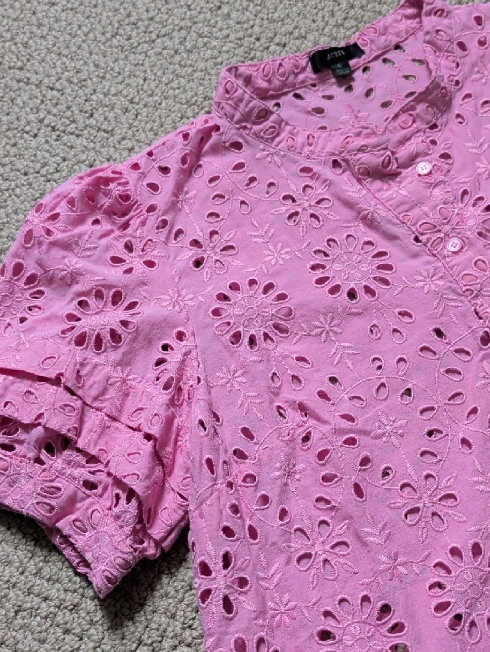 J. Crew Pink Split-Neck Embroidered Eyelet Short Puff Sleeve Blouse - Picture 9 of 10